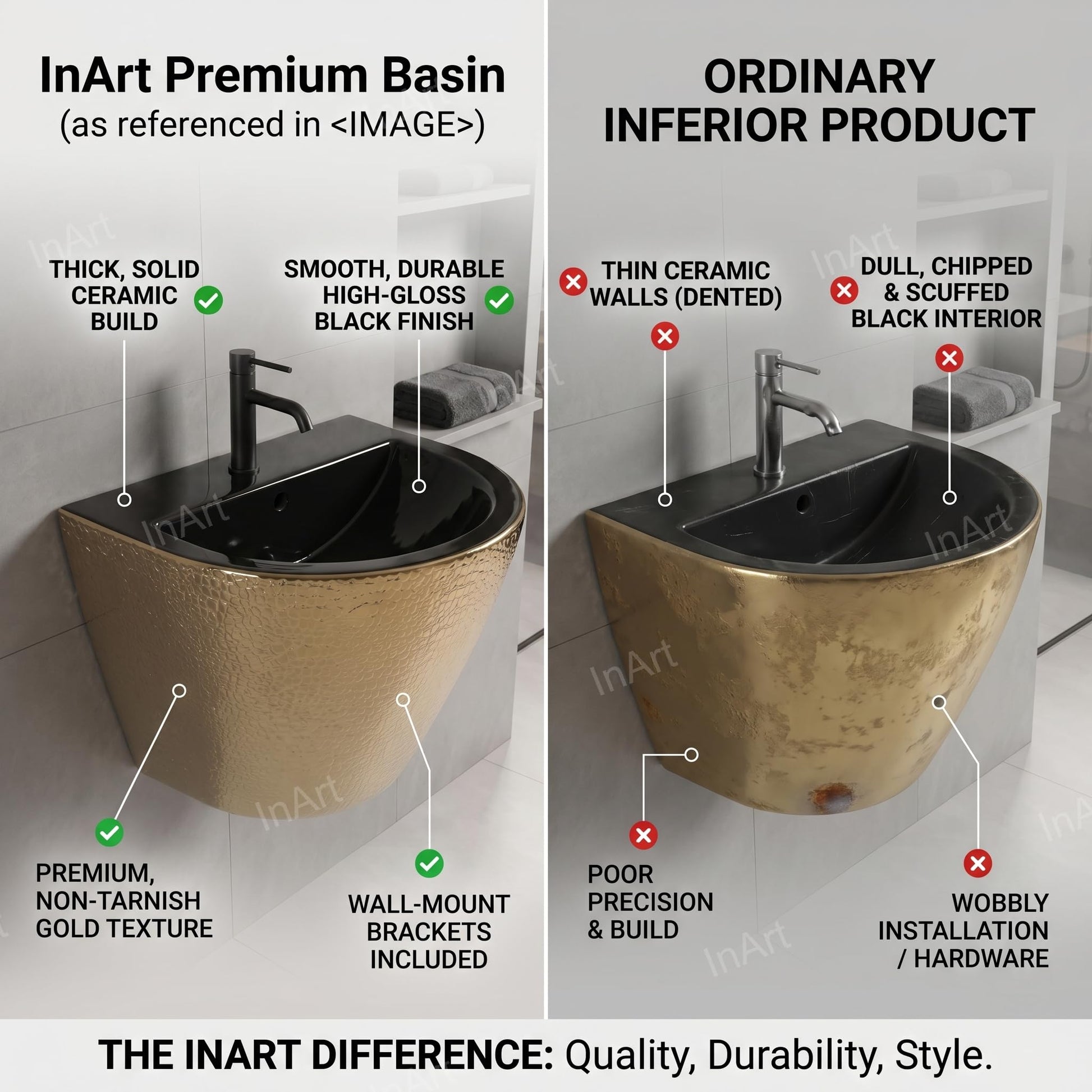 Modern half pedestal wash basin design in black gold ceramic, luxury bathroom wash basin for premium sanitaryware