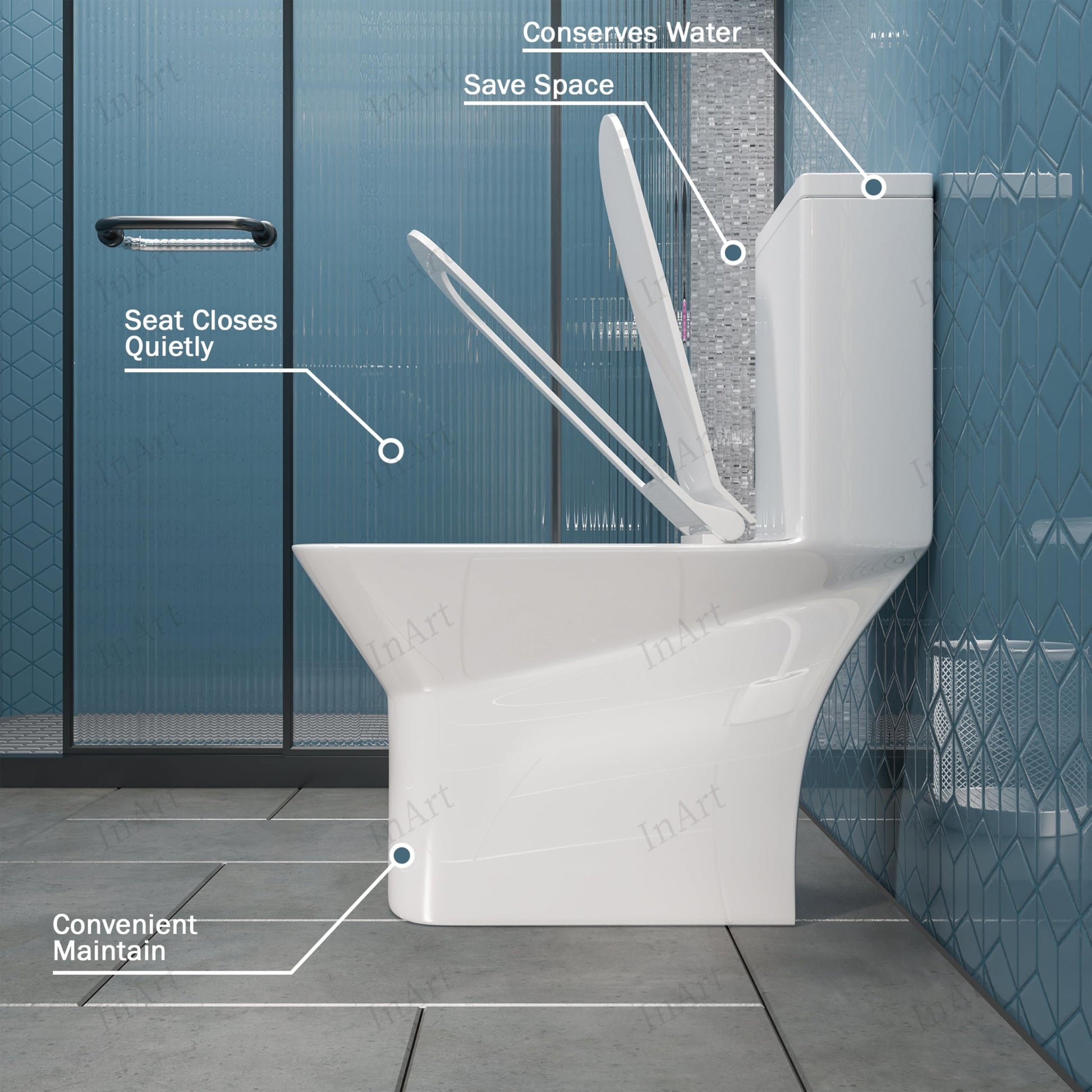 S trap 9 inch commode one piece showing floor mounted base and outlet position, glossy white ceramic finish