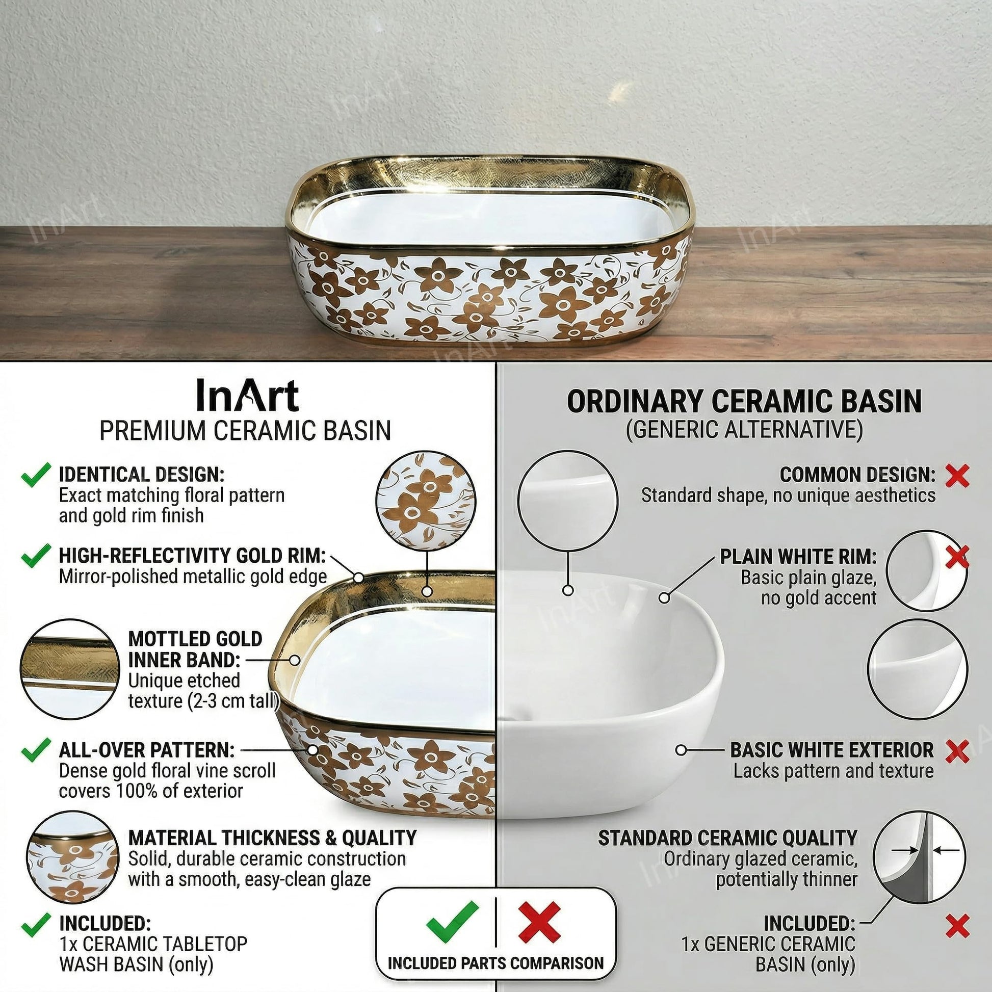 InArt table top basin on counter, oval white-gold ceramic, lifestyle look for luxury bathroom setup