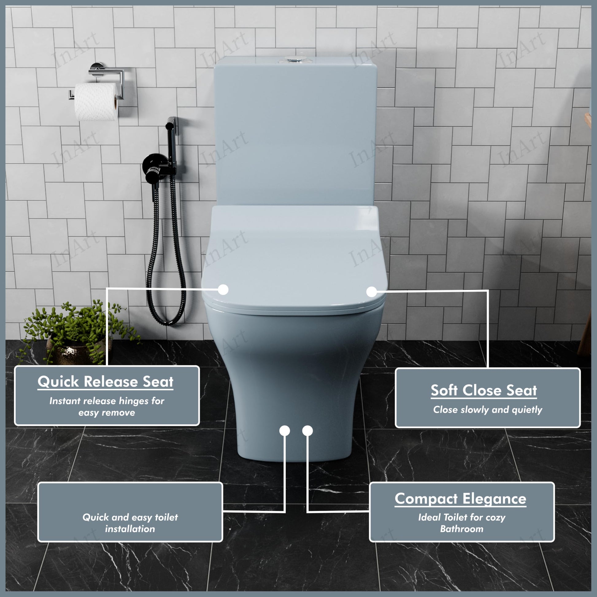 InArt P trap western toilet 7 inch floor outlet, compact washdown commode for Indian bathrooms