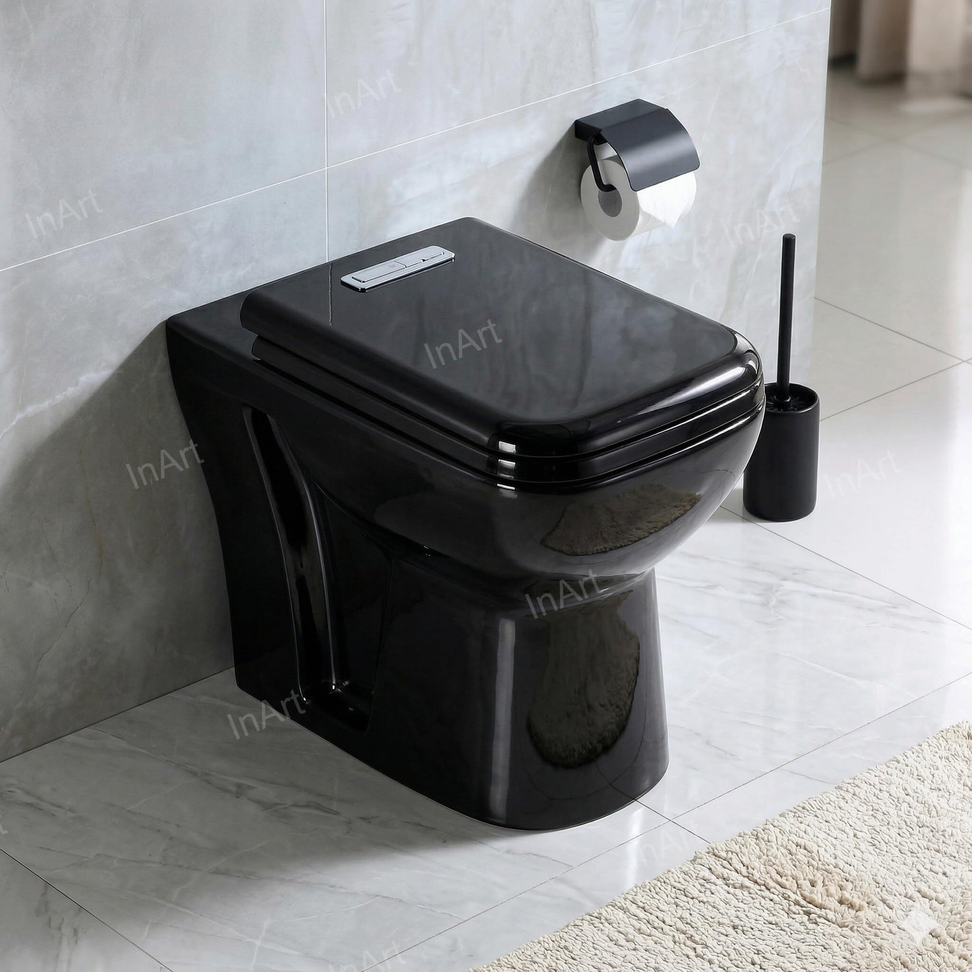 Close-up of soft close seat cover on black western toilet commode, premium ceramic sanitaryware for modern bathroom