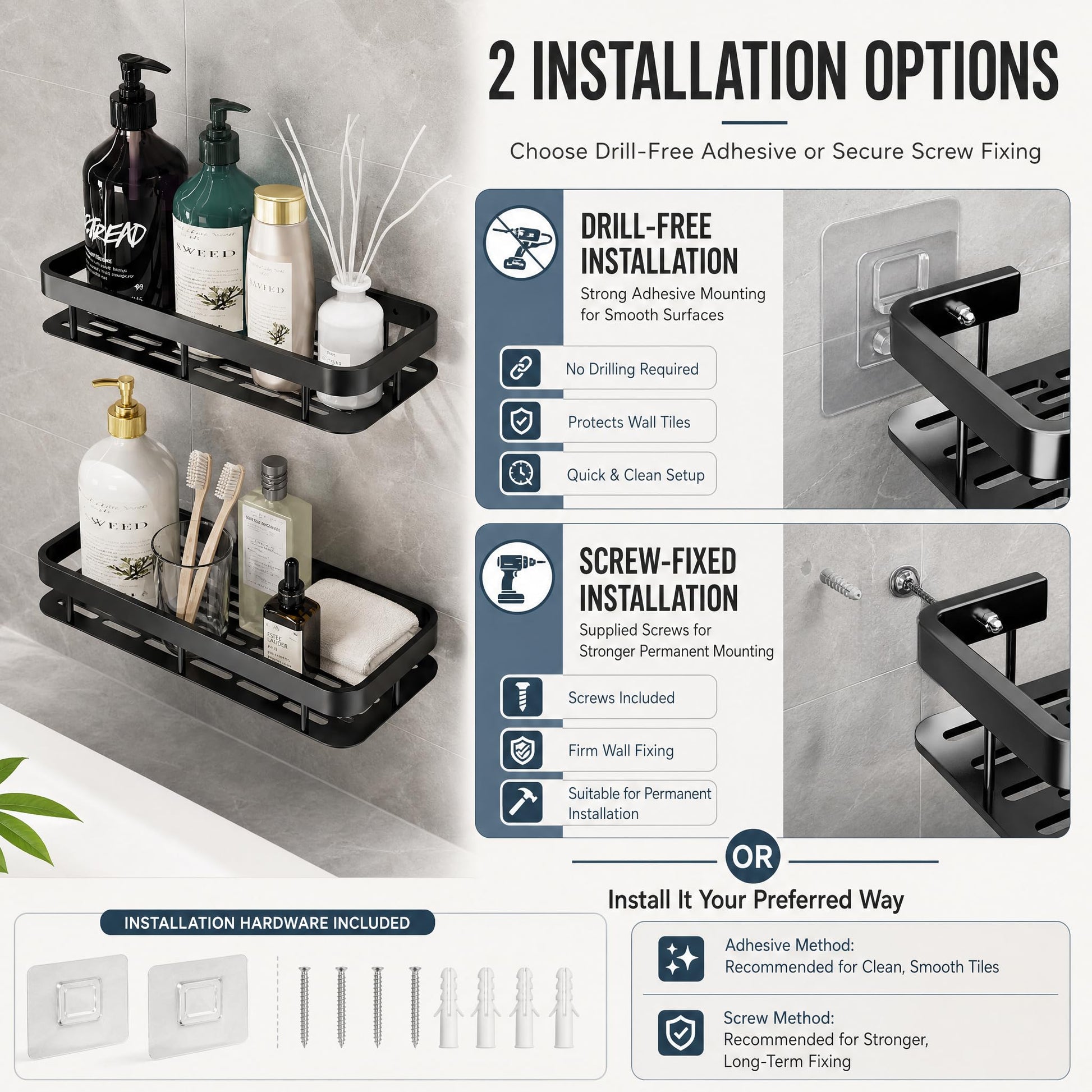 Two wall shelves for washroom arranged vertically as bathroom organiser
