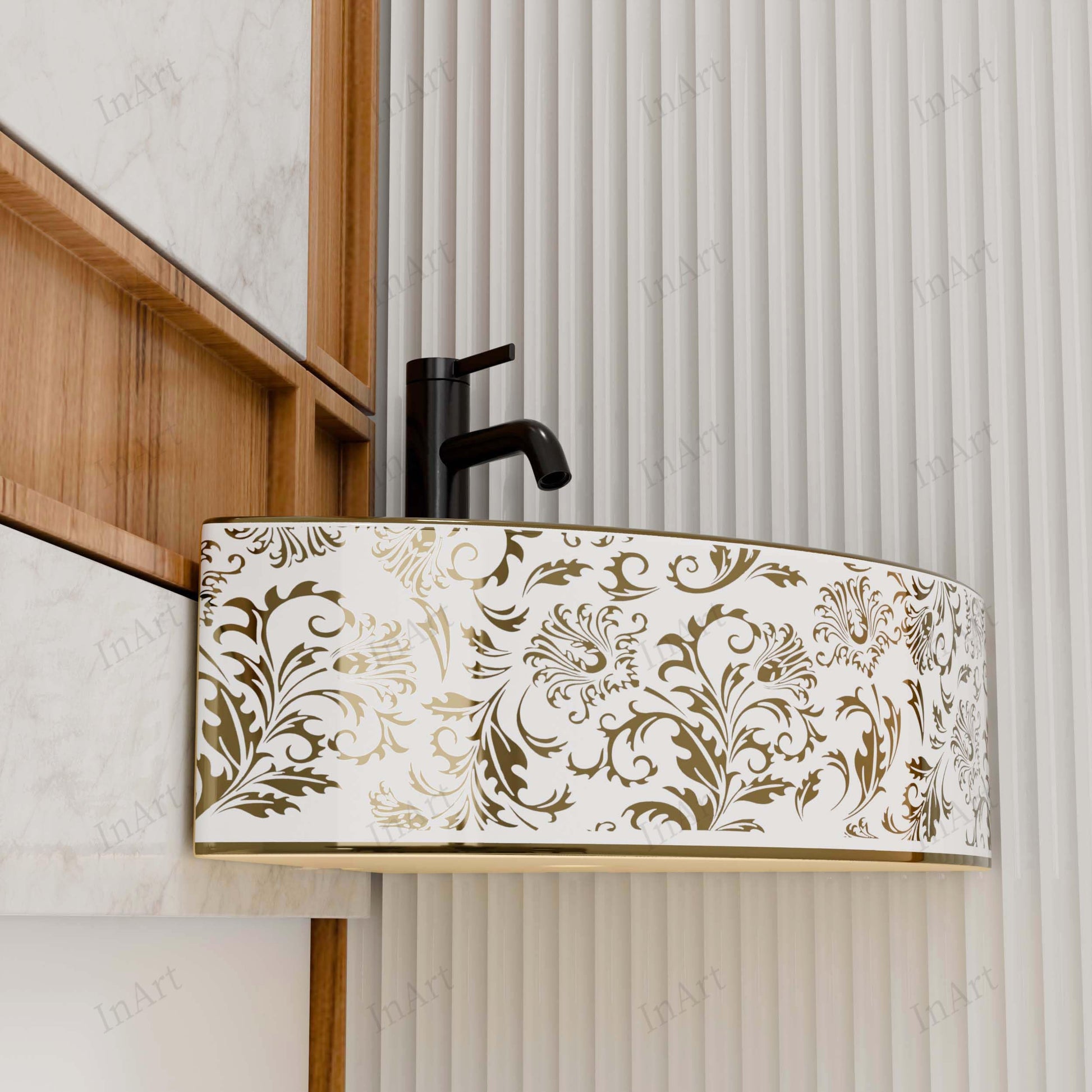 InArt contemporary wash basin for living room or dining area, gold ceramic table top basin in interior setting