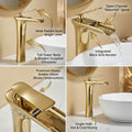 Mixer tap wash basin in gold finish, side angle showing spout and handle for stylish washroom basin