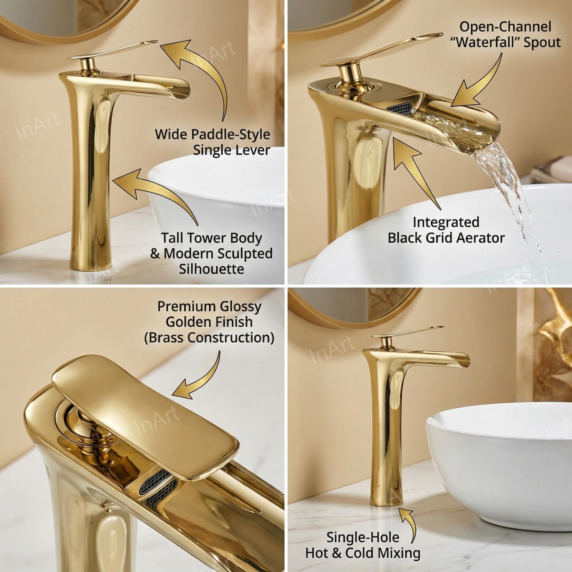 Mixer tap wash basin in gold finish, side angle showing spout and handle for stylish washroom basin
