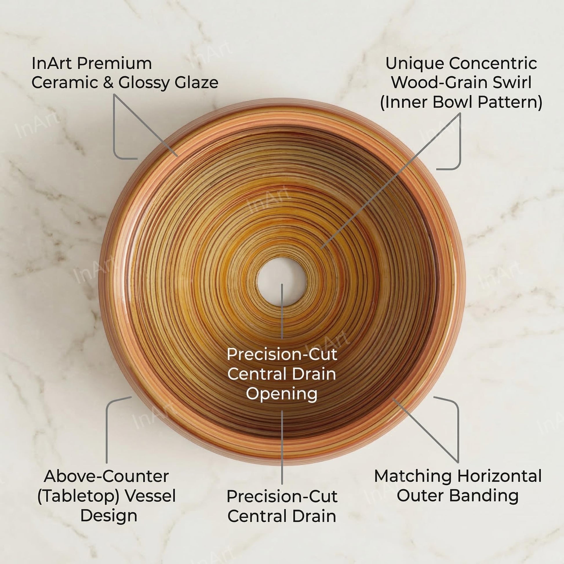 Designer table top basin design in wooden brown ceramic, 3/4 angle view for modern bathroom