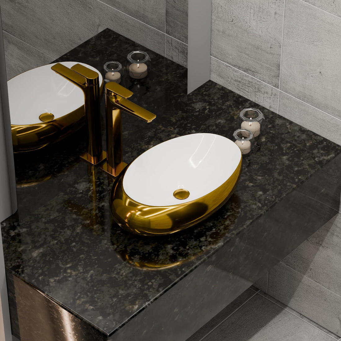 InArt ceramic oval table top wash basin design in glossy white and gold, main front view