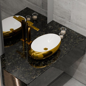 InArt ceramic oval table top wash basin design in glossy white and gold, main front view