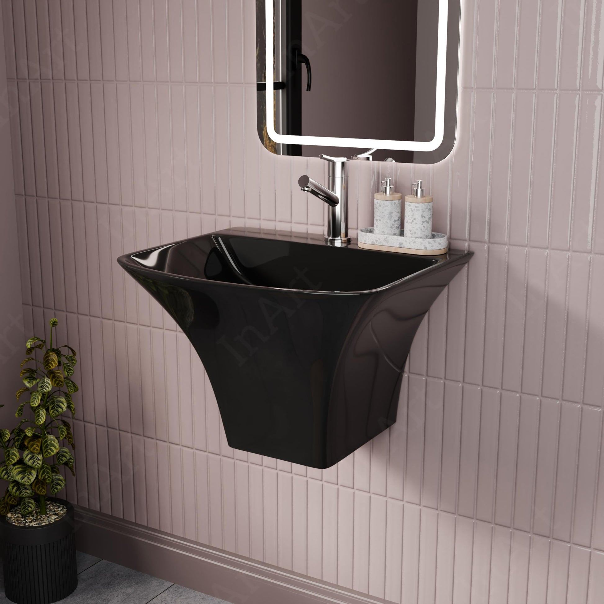 InArt basin with half pedestal, glossy black ceramic wall hung wash basin, angled side view
