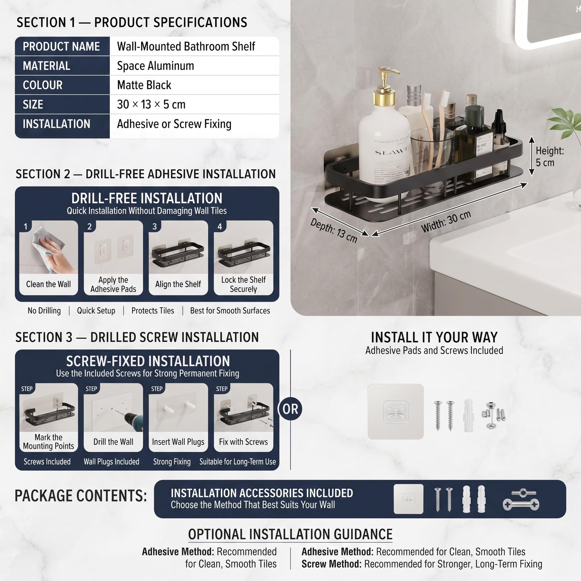 Rectangular bathroom wall rack 30x13 cm shelf with raised safety border
