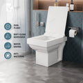 Ceramic one piece western toilet style, floor mounted commode for bathroom in glossy white, rear angle view