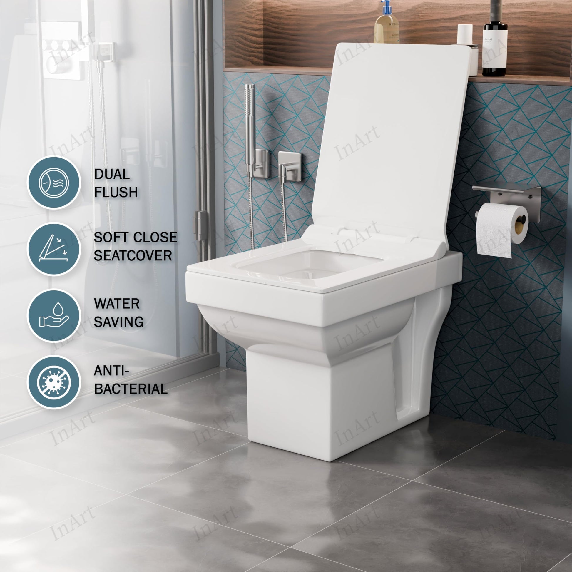 Ceramic one piece western toilet style, floor mounted commode for bathroom in glossy white, rear angle view
