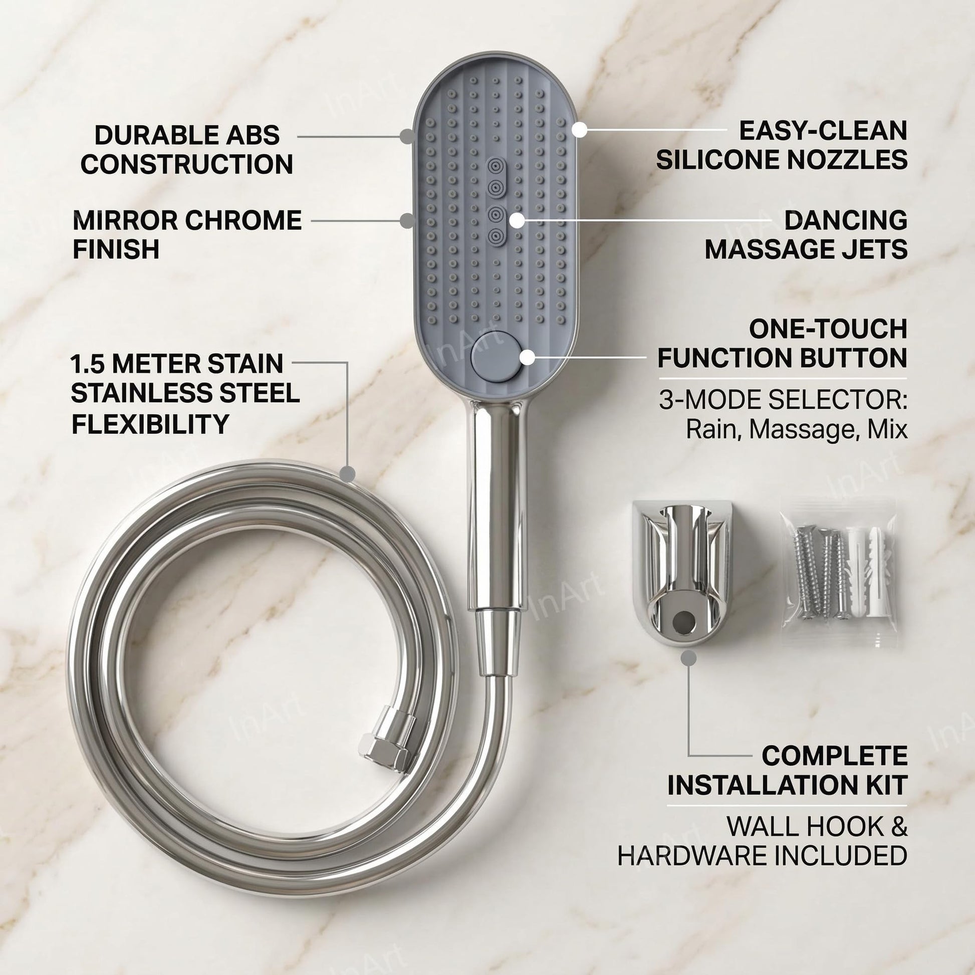 Hand shower set with wall hook and pipe, chrome ABS 3 mode shower head with 1.5 metre hose - front view
