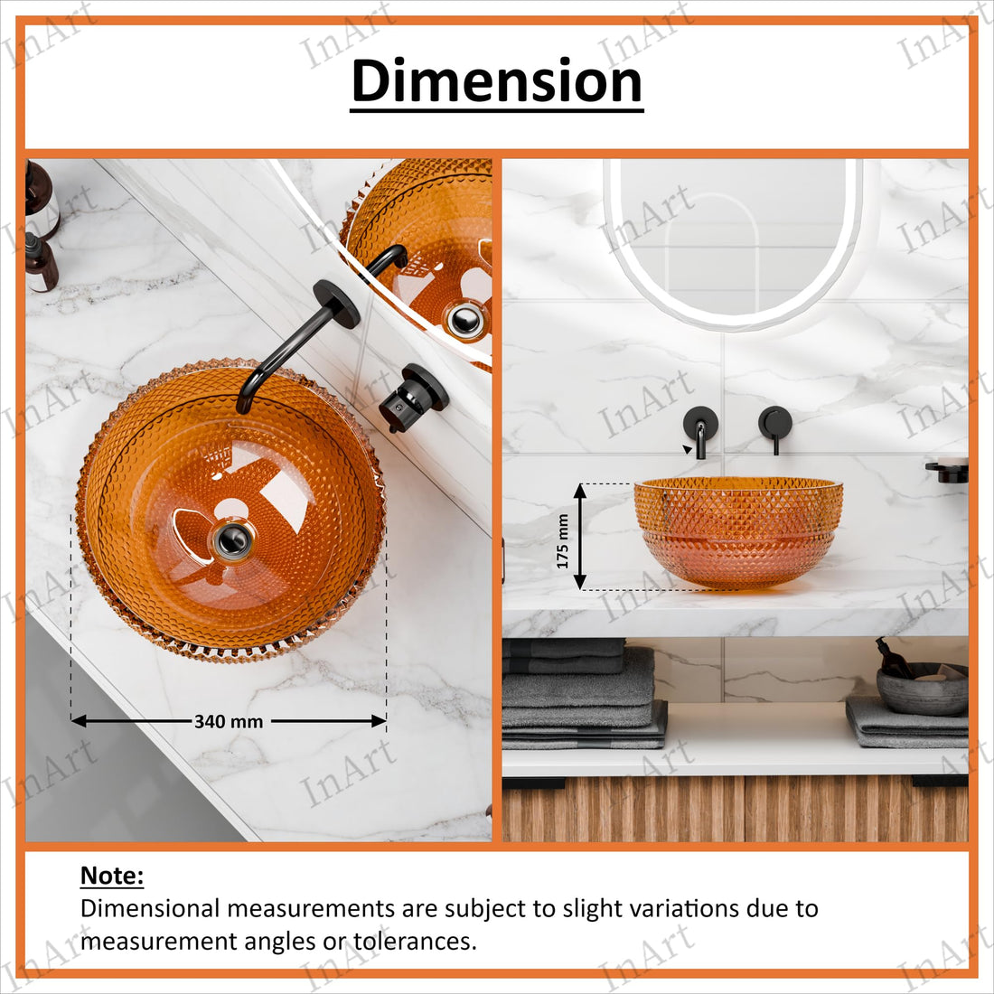 InArt amber glass table top wash basin, round glossy finish, modern countertop sink