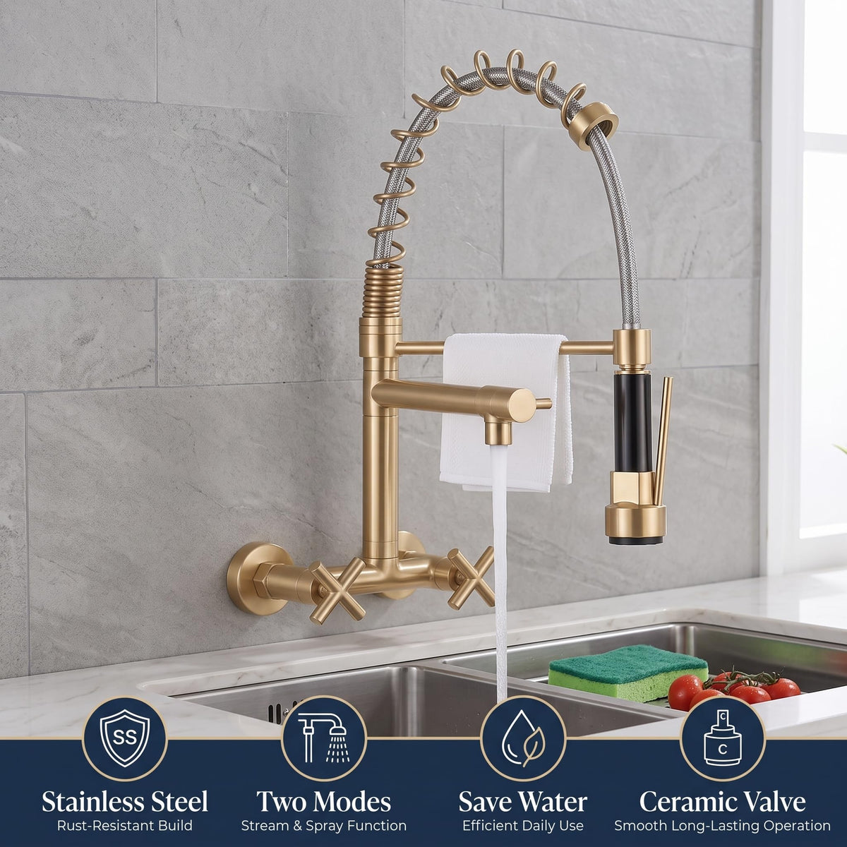 Pull-down hose extended for rinsing large utensils in kitchen wash basin area