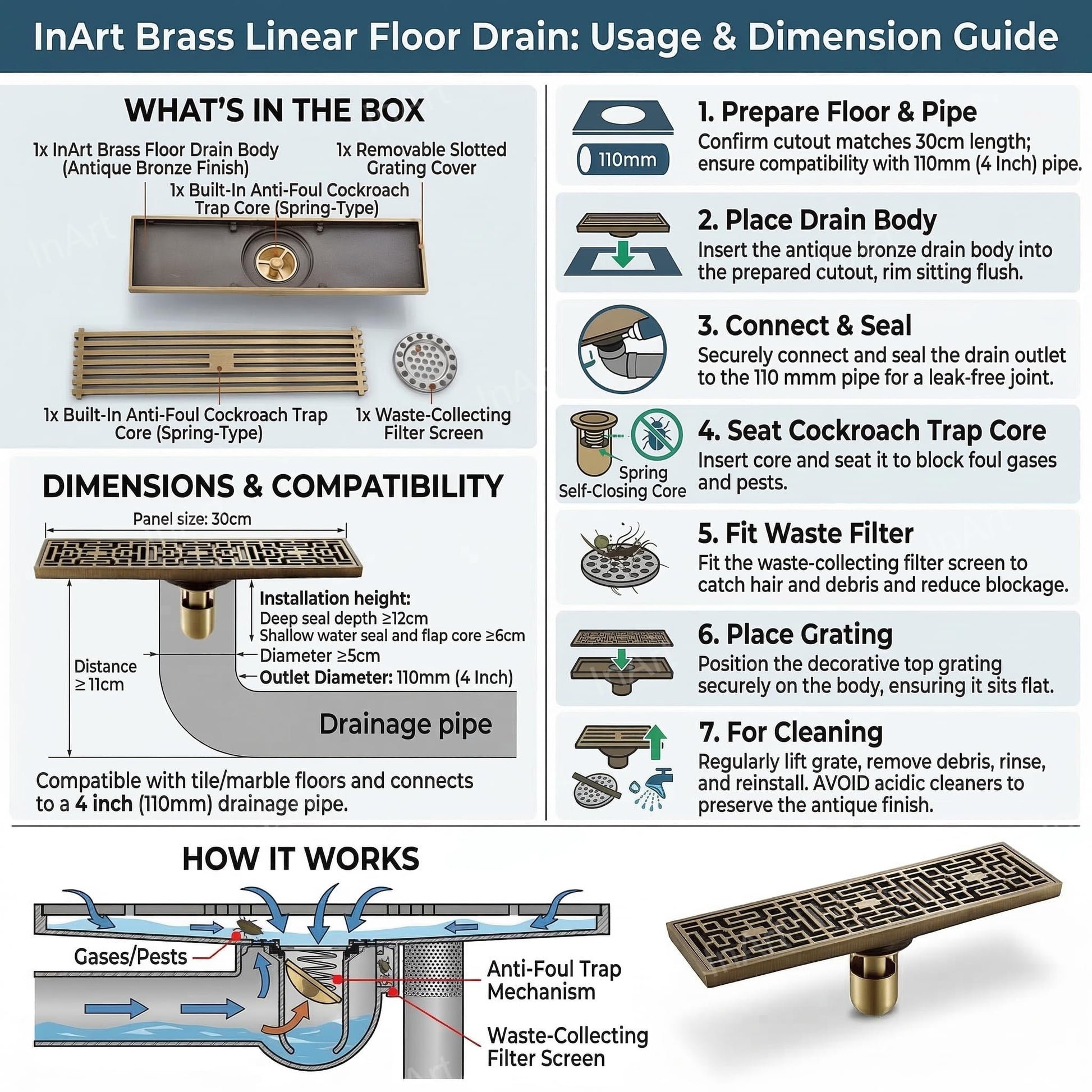 InArt square brass drain cover jali with removable cockroach trap, durable bronze finish for bathroom