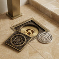 InArt floor drain jali with removable cockroach trap for easy cleaning, antique brass detail view