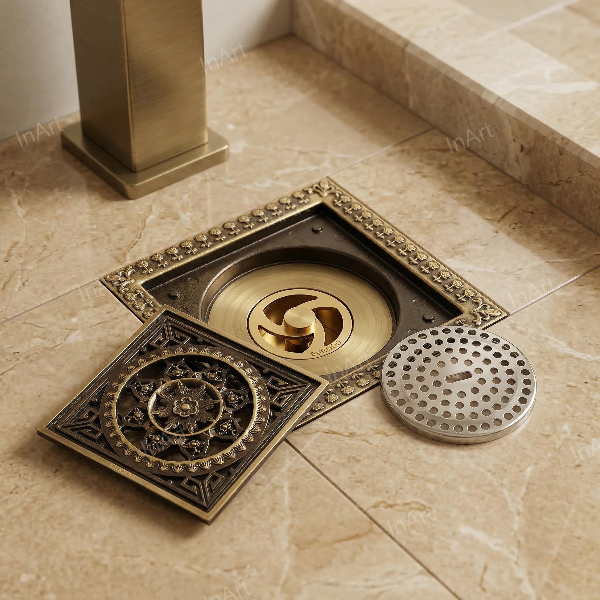 InArt floor drain jali with removable cockroach trap for easy cleaning, antique brass detail view