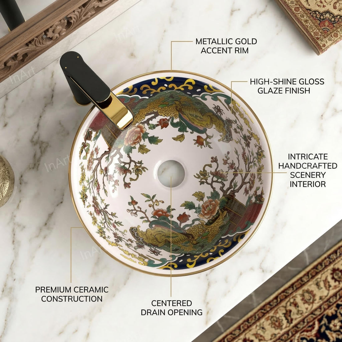 washbasindesign InArt ceramic square table top wash basin, multicolour designer glaze, front view