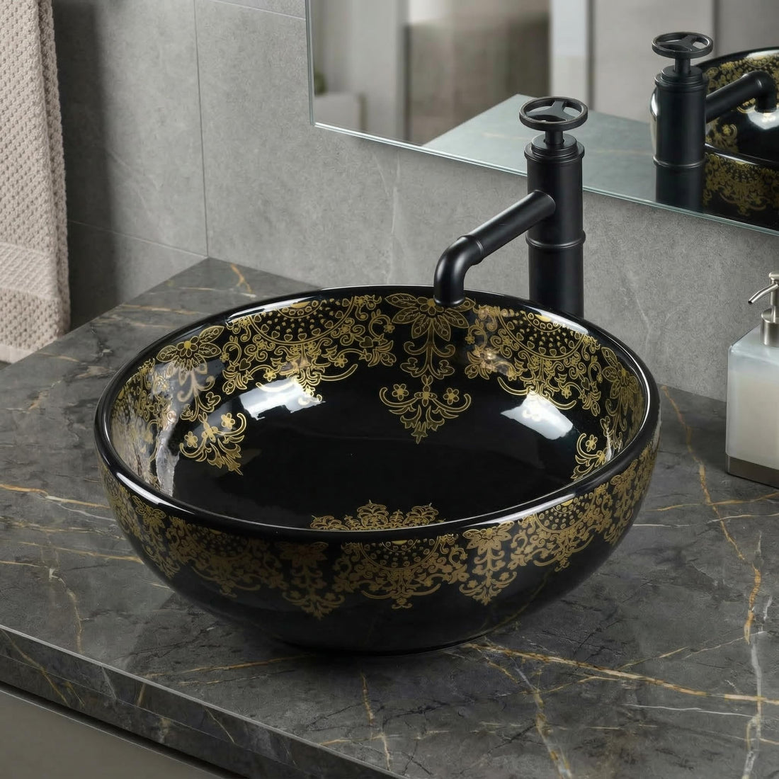 InArt ceramic table top wash basin design, glossy black round basin for modern bathroom, 41cm