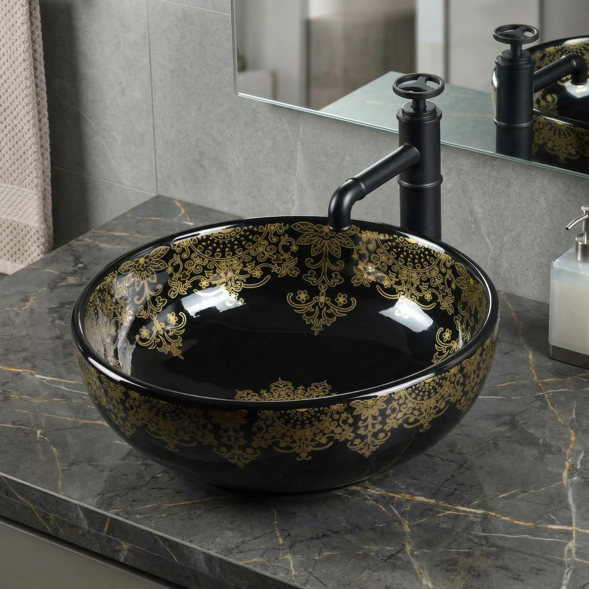 InArt ceramic table top wash basin design, glossy black round basin for modern bathroom, 41cm