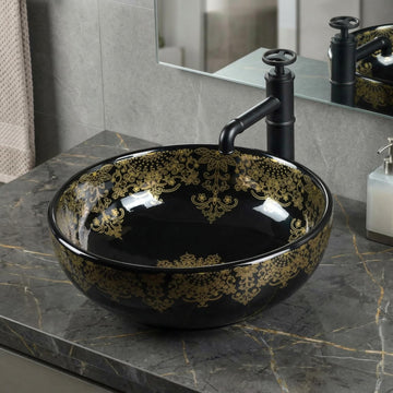 InArt ceramic table top wash basin design, glossy black round basin for modern bathroom, 41cm