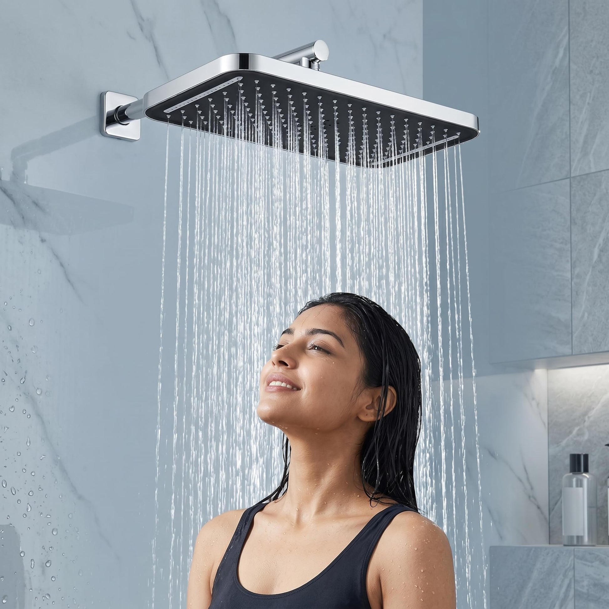 14 inch rectangular chrome rain shower head with glossy finish, front view