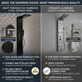 Handshower and hose detail on InArt black shower panel set for wall mounted bathroom installation