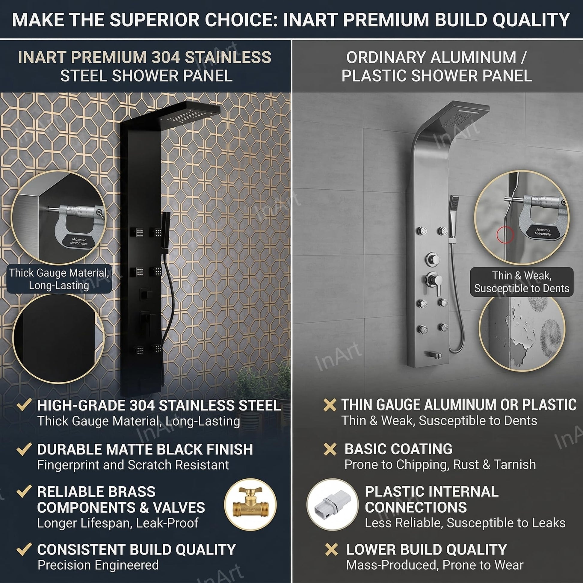 Handshower and hose detail on InArt black shower panel set for wall mounted bathroom installation
