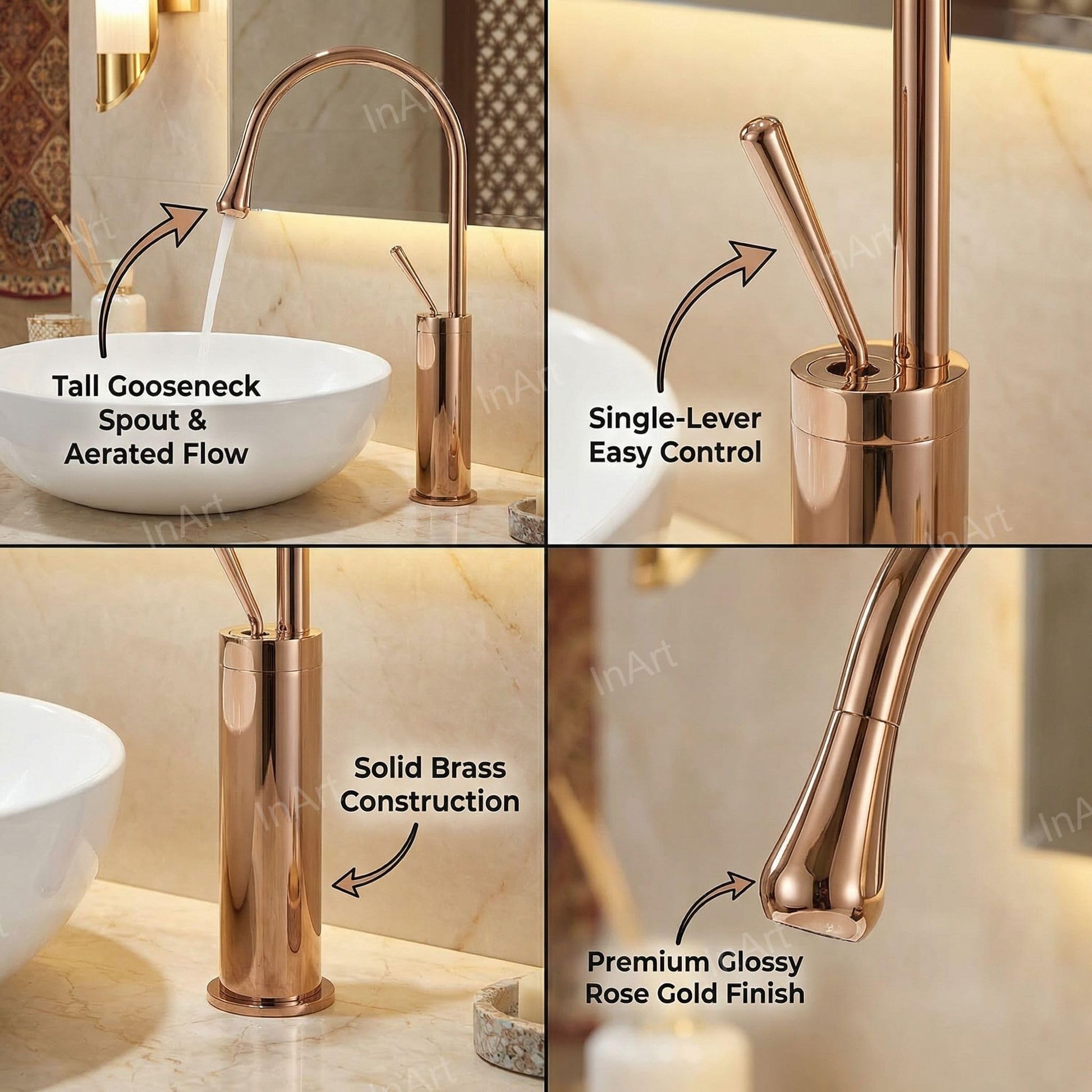 Single lever wash basin mixer with gooseneck high neck and long body, rose gold finish rear angle