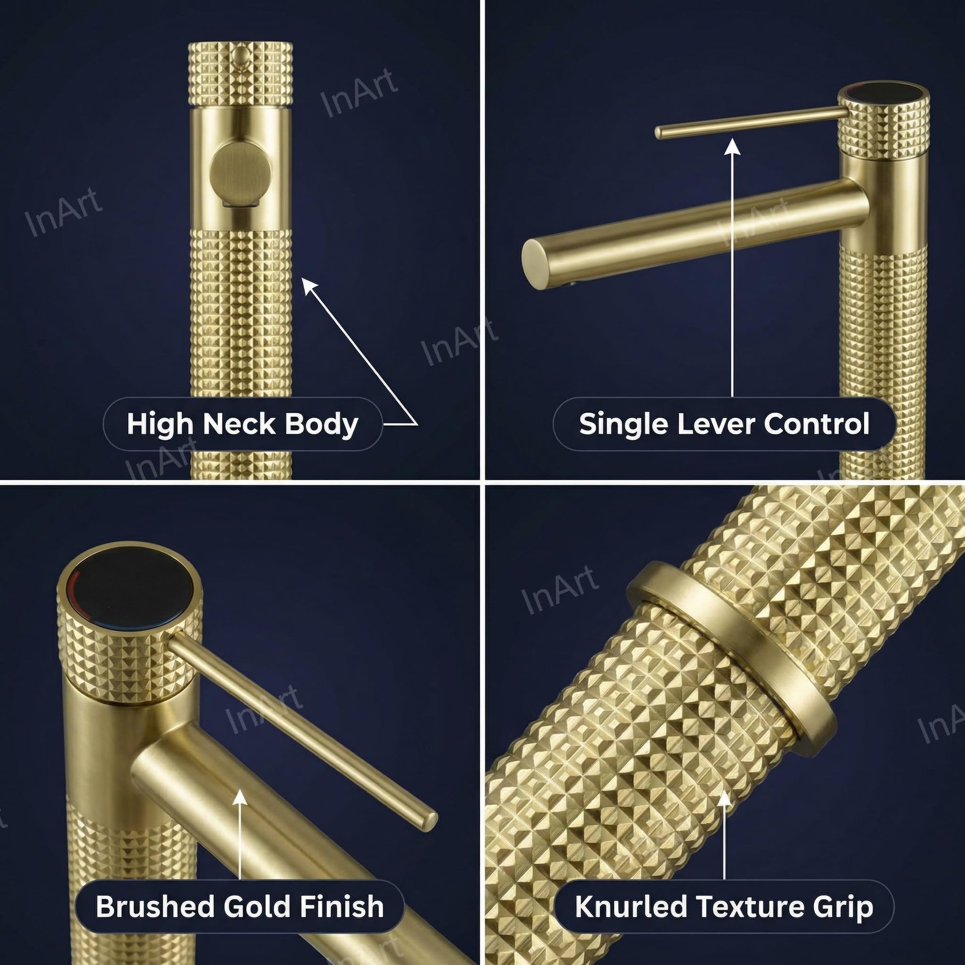 Modern bathroom waterfall basin tap in gold finish, side angle view of deck mount brass mixer body