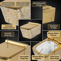 Modern bathroom wall mounted WC, 3/4 angle view of glossy white square ceramic commode with gold leaf pattern