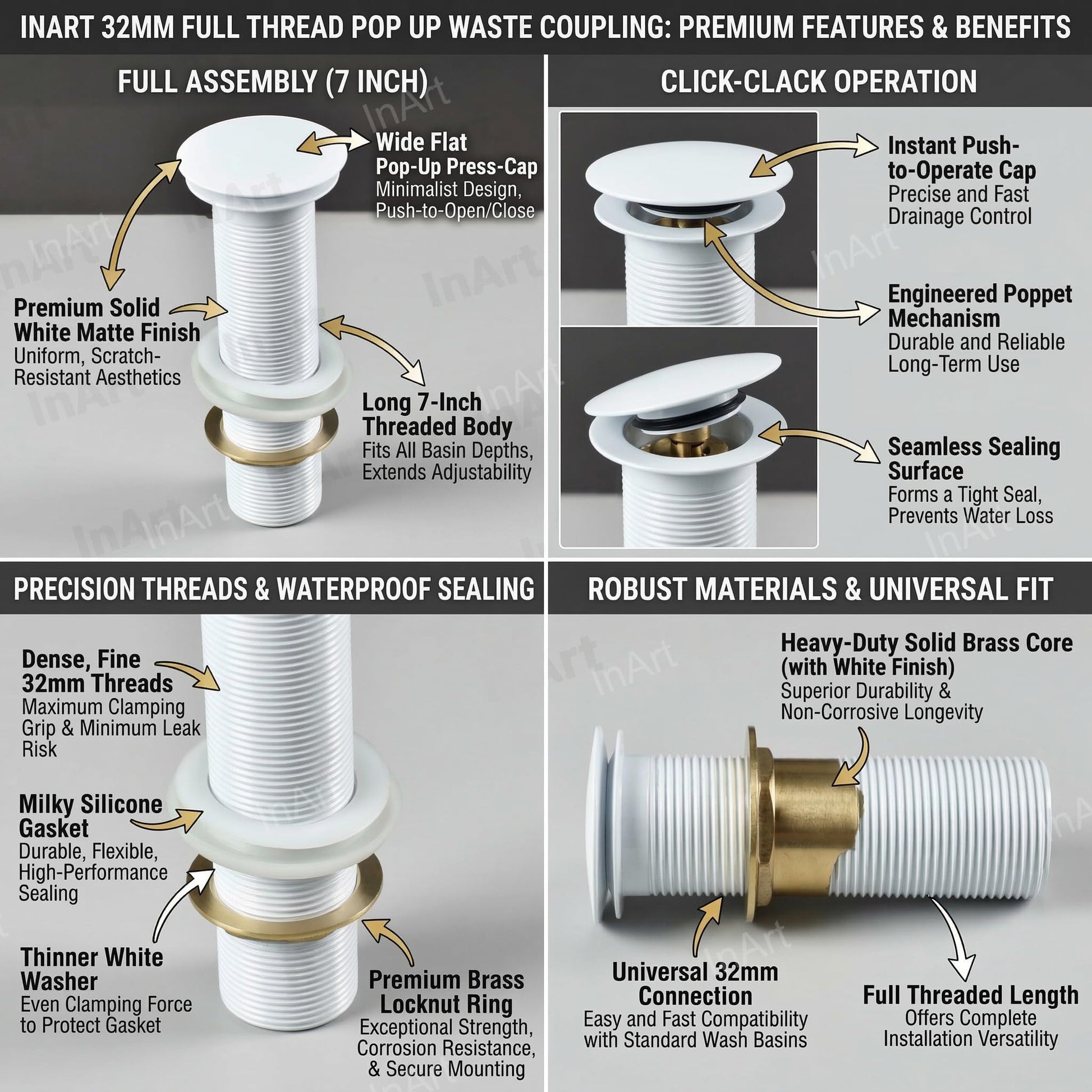 Press type waste coupling for wash basin in white matte finish, modern bathroom basin fitting side view