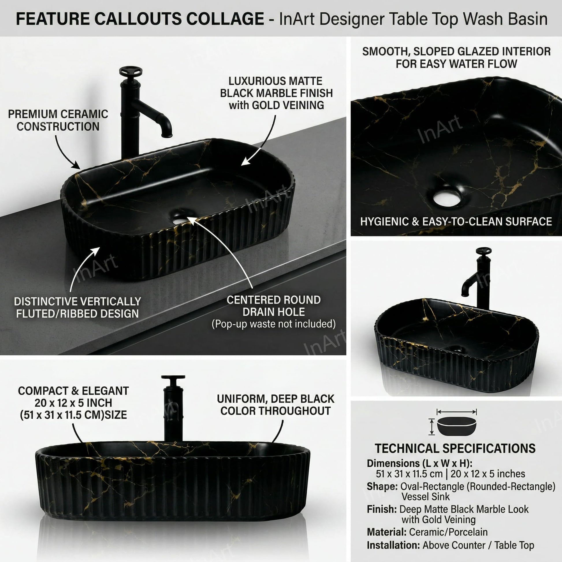 Counter top wash basin in ceramic with matte black marble finish, side angle designer look