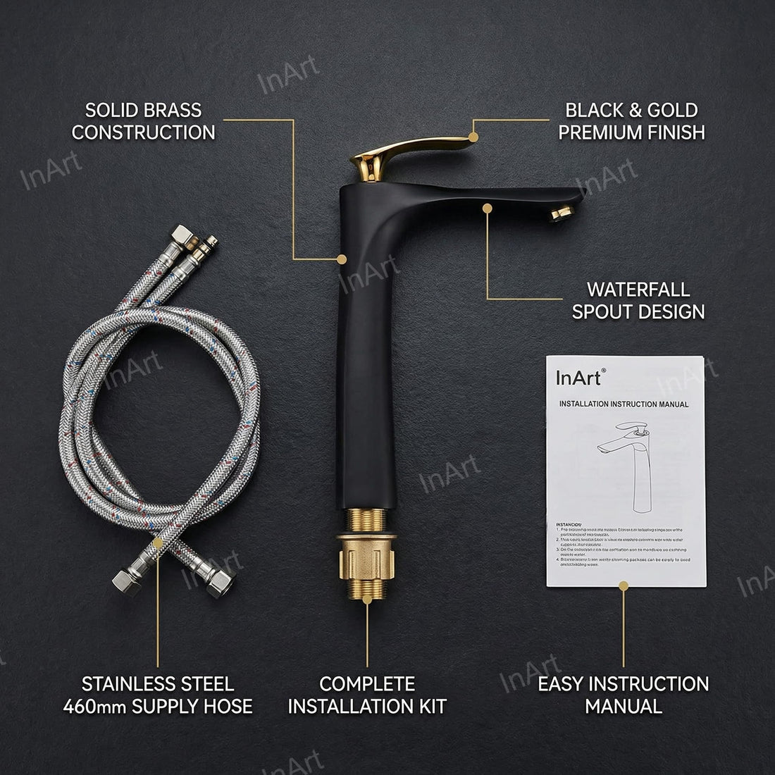 InArt brass single lever basin mixer tap in black gold finish, main view for bathroom wash basin