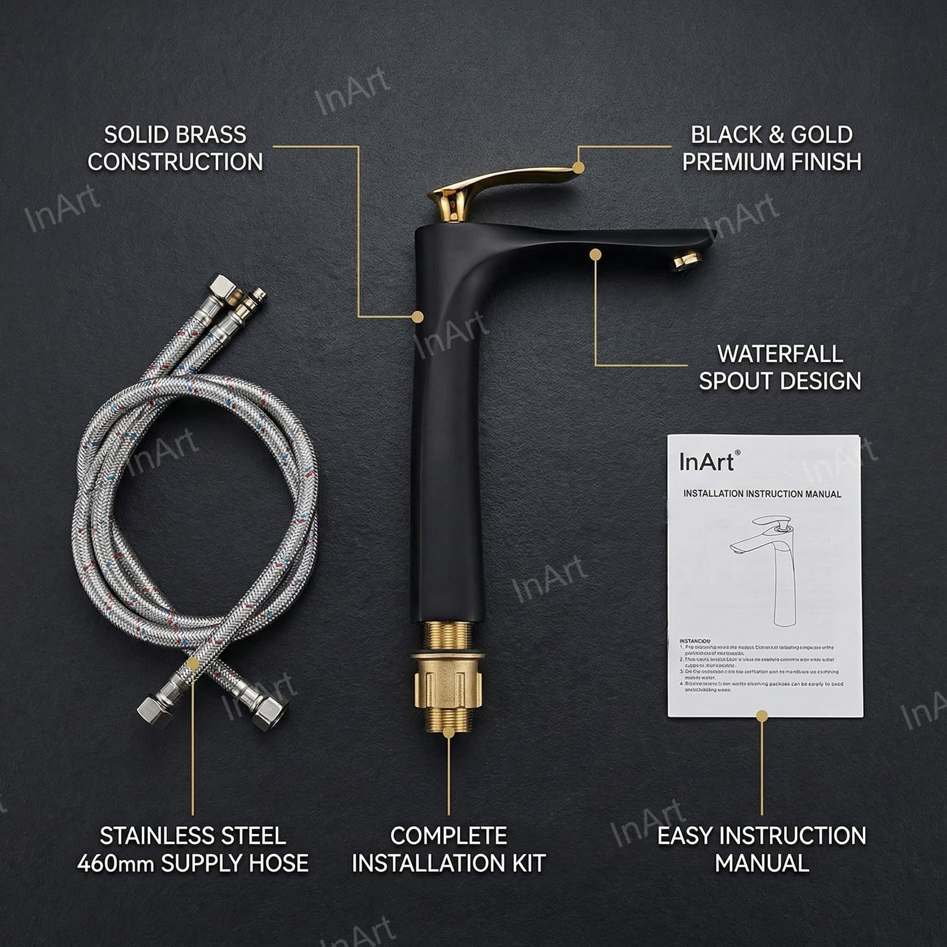 Black gold single lever wash basin mixer tap, angled view showing spout and handle design