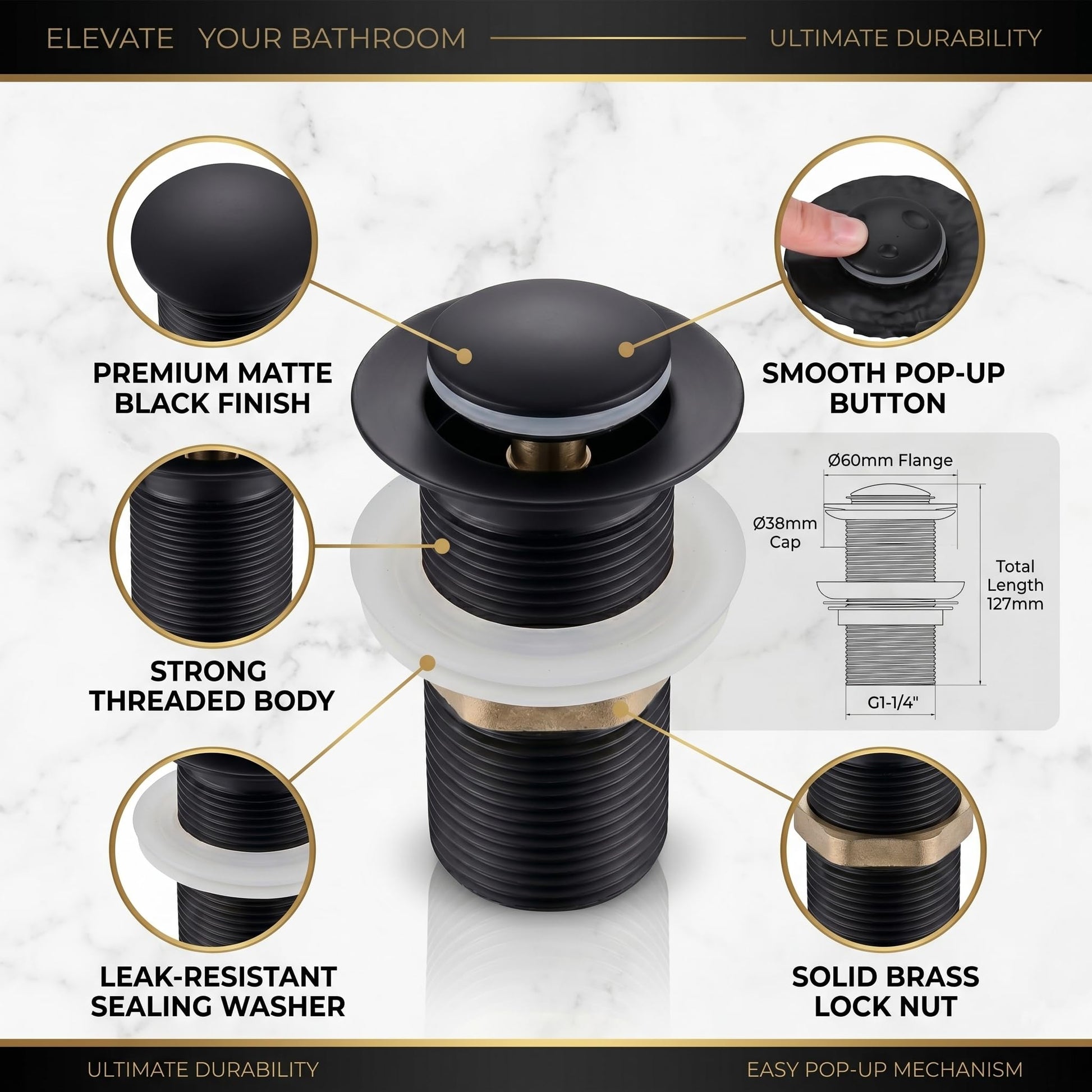 Basin drain outlet fitting for vanity counter installation with pop-up control