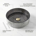 InArt modern table top wash basin in black glass, square tempered glass bowl, 3/4 angle