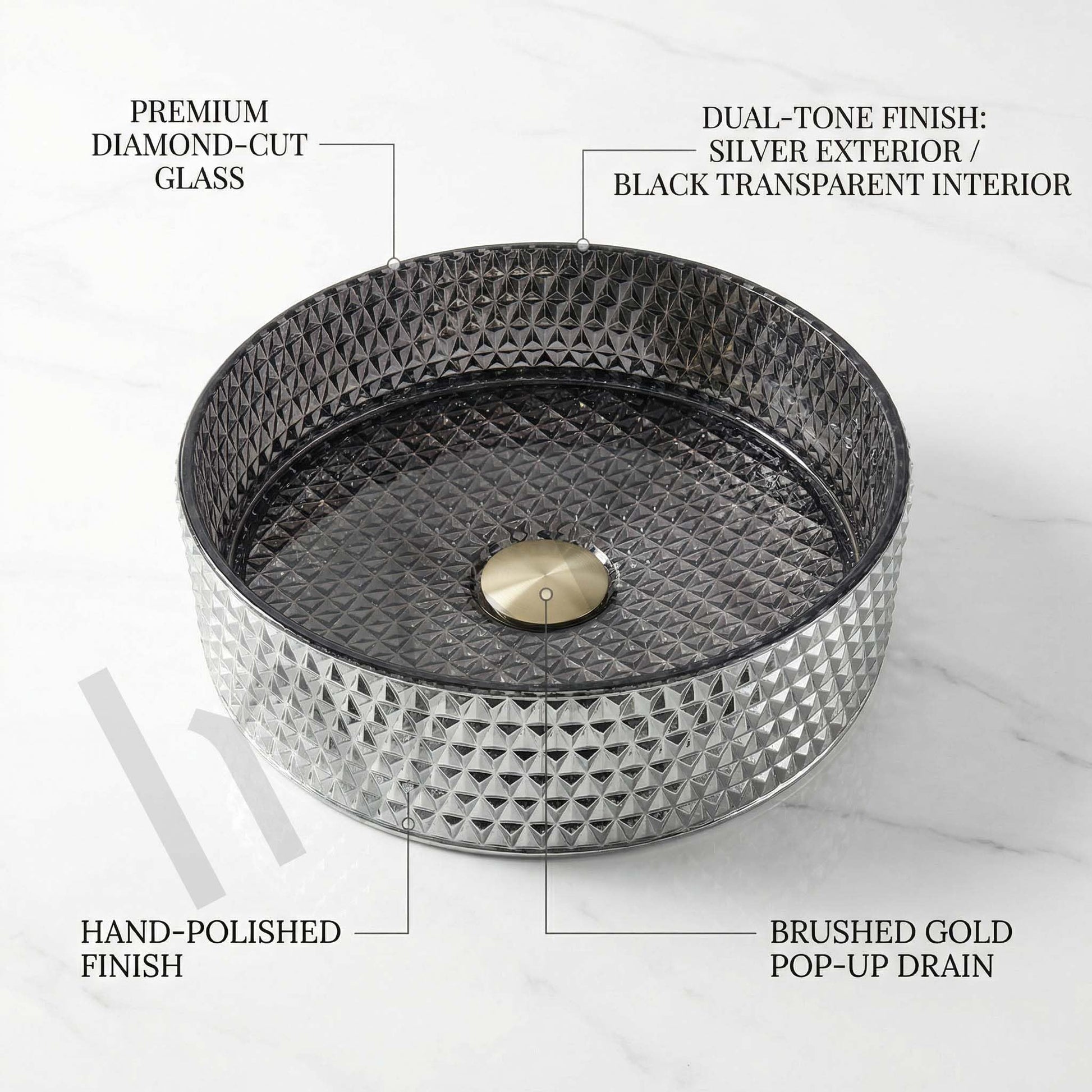 InArt modern table top wash basin in black glass, square tempered glass bowl, 3/4 angle
