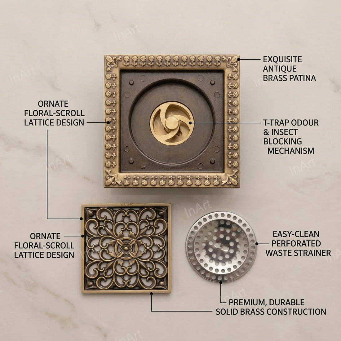 InArt cockroach jali for bathroom in antique brass square floor drain, 4 inch pipe fit, easy clean trap