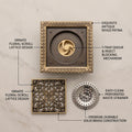 Bathroom cockroach jali in bronze finish brass floor drain, top angle view with square jali cover