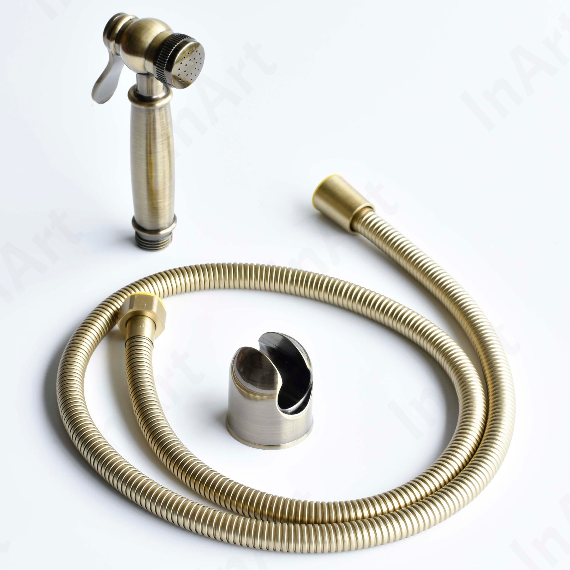 InArt bronze health faucet set shown from side angle, easy grip ABS jet spray for washroom use