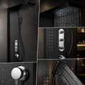 Detail of rainfall shower head and waterfall outlet on matte black shower panel for contemporary bathroom