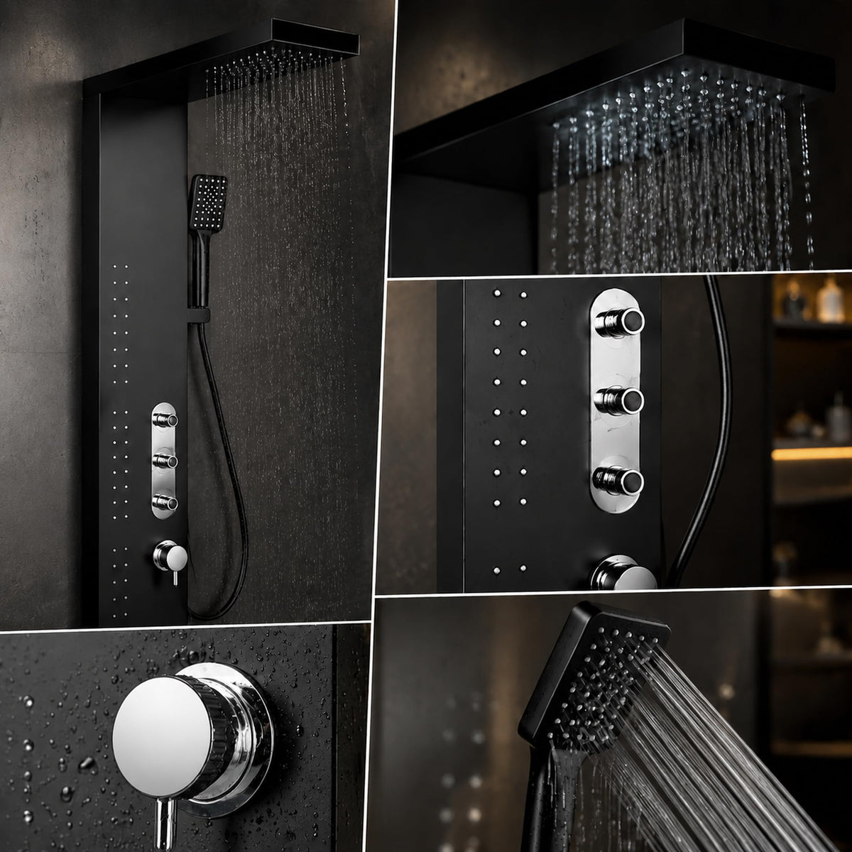 Detail of rainfall shower head and waterfall outlet on matte black shower panel for contemporary bathroom