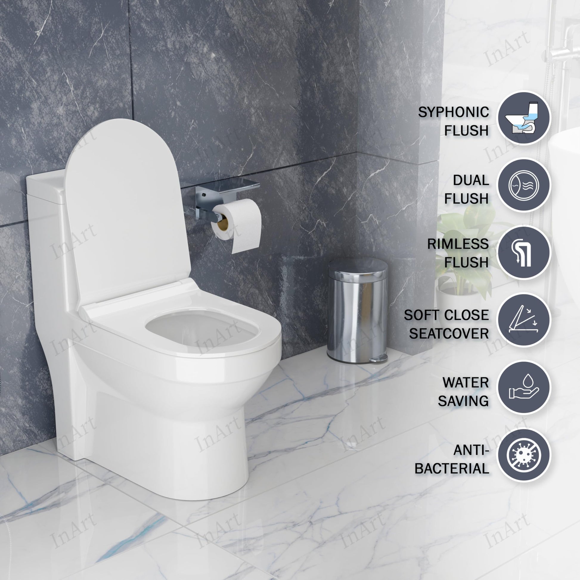InArt ceramic floor mounted western toilet with S-trap 9 inch distance, close-up of outlet and base