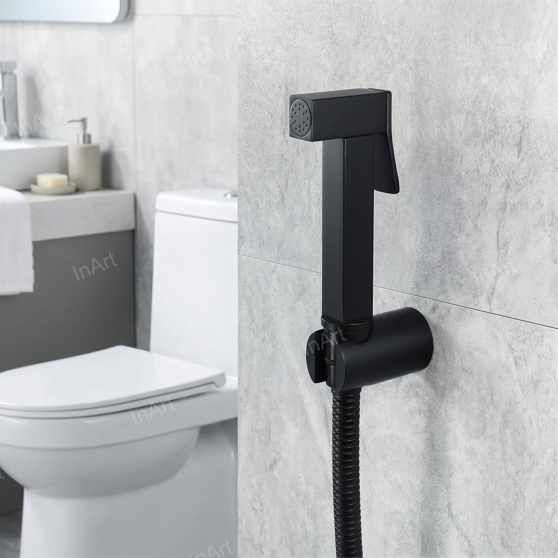 InArt black health faucet with hose and holder, close-up of brass build and premium matte finish