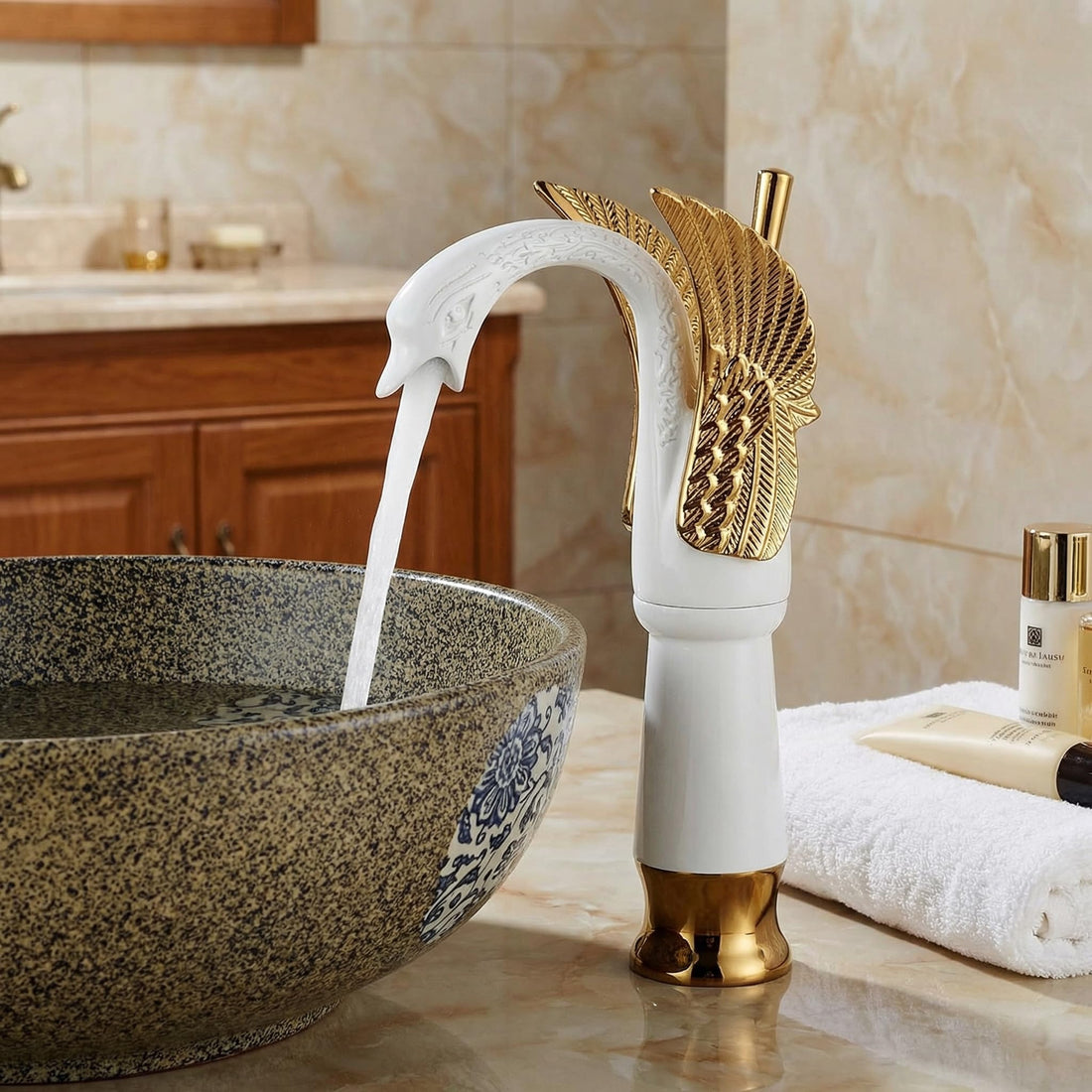 InArt brass swan neck washbasin tap design in white gold finish, single lever deck mount basin tap