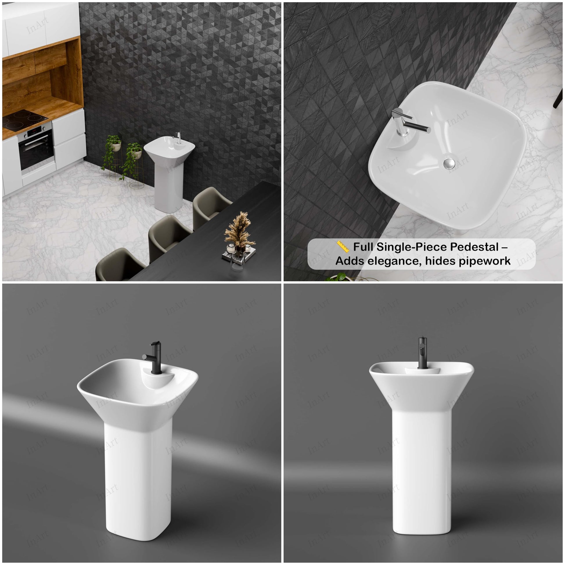 InArt one piece wash basin with integrated full pedestal, glossy white square ceramic for washroom décor