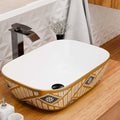 InArt ceramic table top wash basin design, rectangular gold finish countertop basin, front view