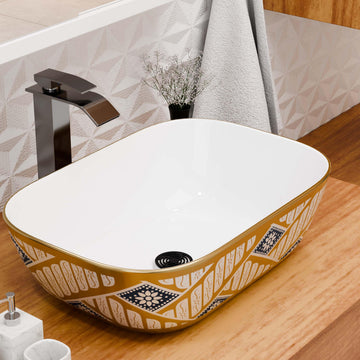 InArt ceramic table top wash basin design, rectangular gold finish countertop basin, front view
